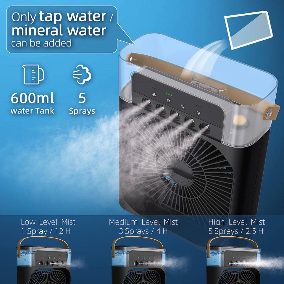 Ventilator Portabil cu Vapori de Apa, 3 Moduri Pulverizare, 600ml, Lumina LED