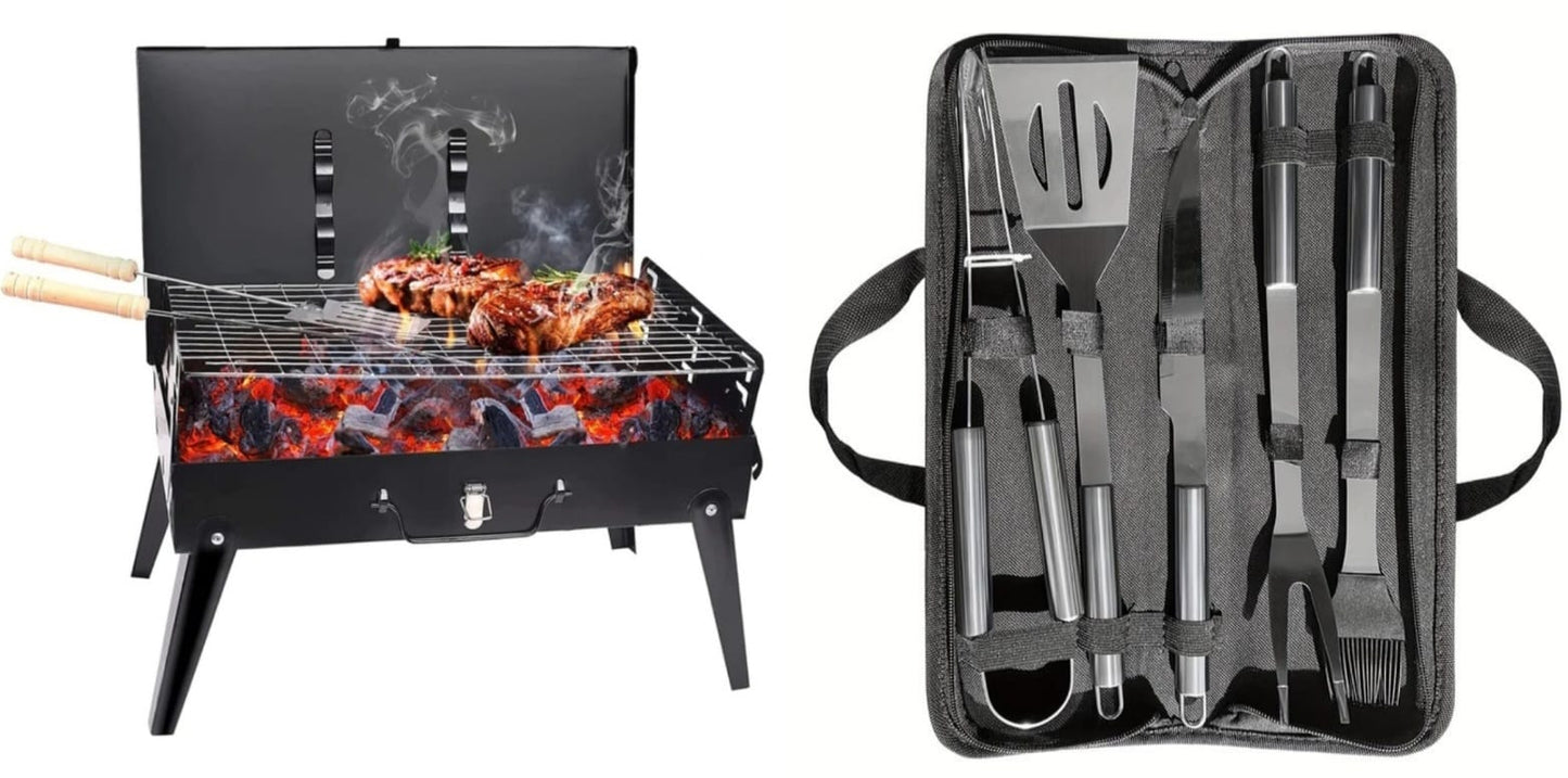 Gratar portabil,pliabil+GRATUIT Set 5 ustensile din inox pentru gratar
