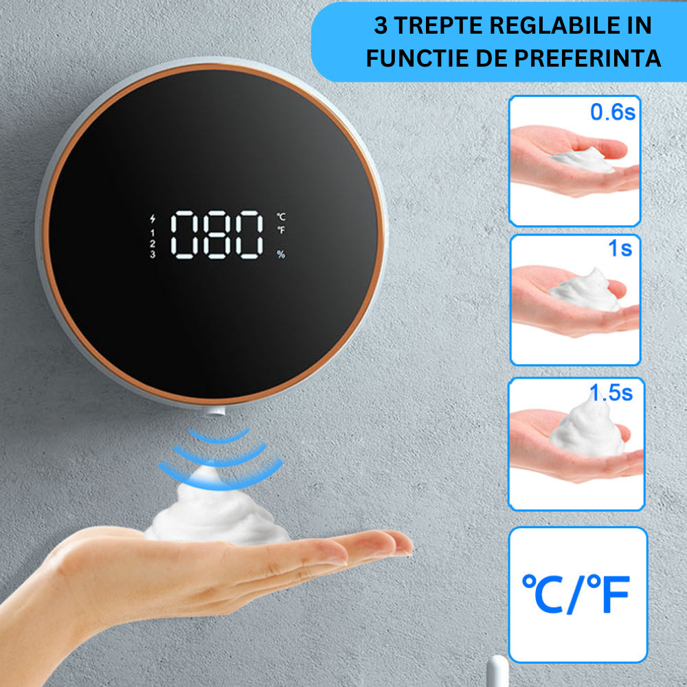 Dispenser de sapun smart, 300ml, display cu afisaj LED care afiseaza temperatura si nivelul de spumare, montare pe perete
