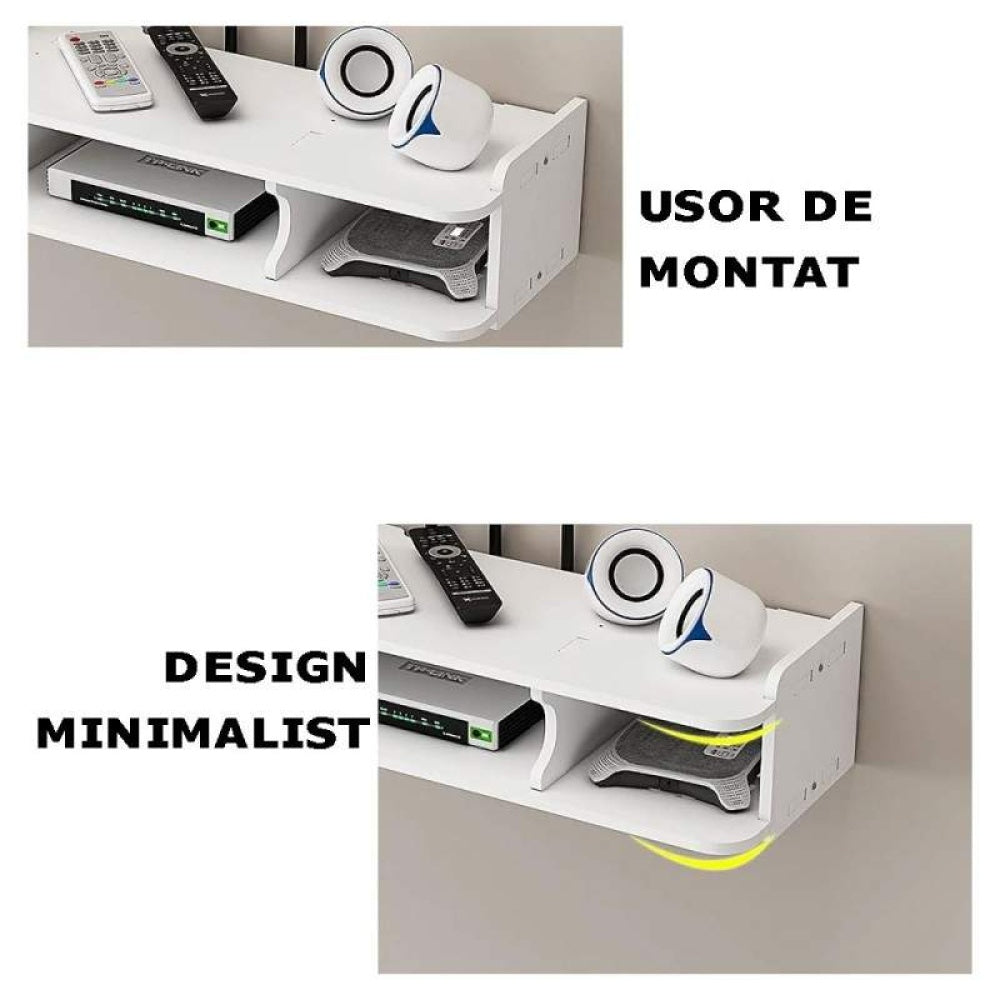 Suport multifunctional pentru telefon, router si alte accesorii, 3 compartimente si 1 polita