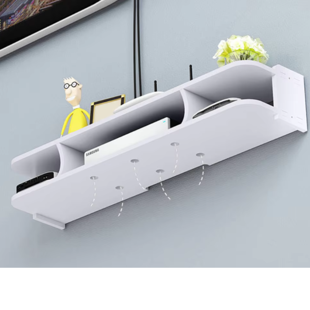 Suport multifunctional pentru telefon, router si alte accesorii, 3 compartimente si 1 polita