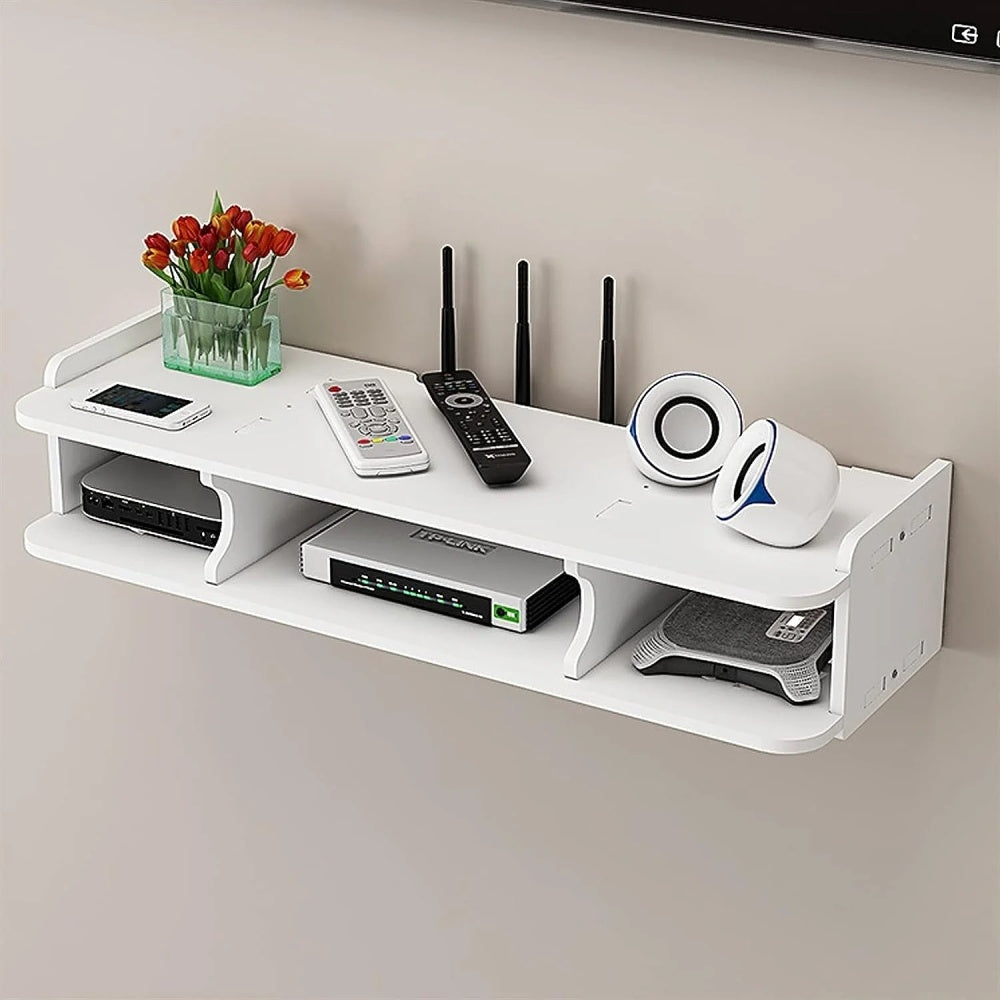 Suport multifunctional pentru telefon, router si alte accesorii, 3 compartimente si 1 polita